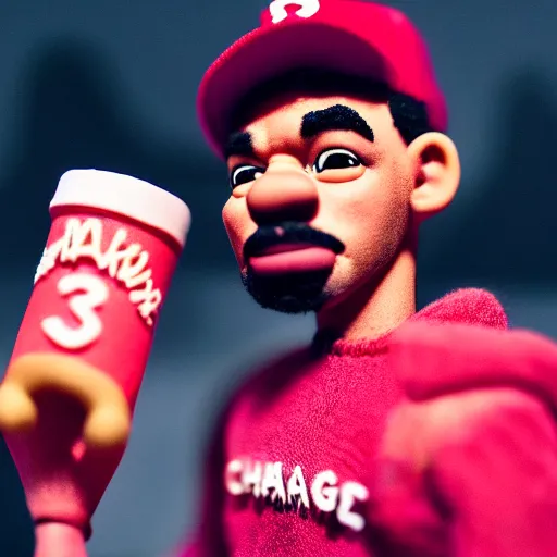 Image similar to a cinematic film still of a claymation stop motion film starring chance the rapper as a college student, shallow depth of field, 8 0 mm, f 1. 8