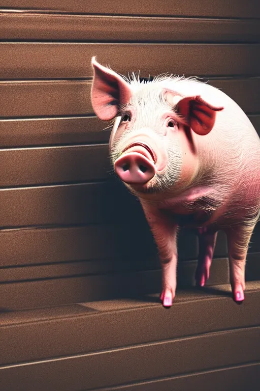 Prompt: a pig sitting at the slot among people, photo in color, photo in 4 k