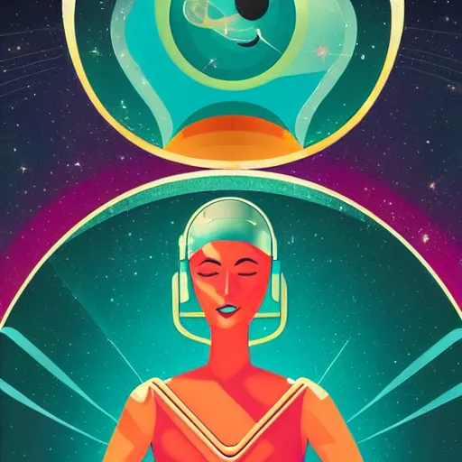 Prompt: art deco of a space woman, teal palette, random, modern, adult sci-fi novel cover