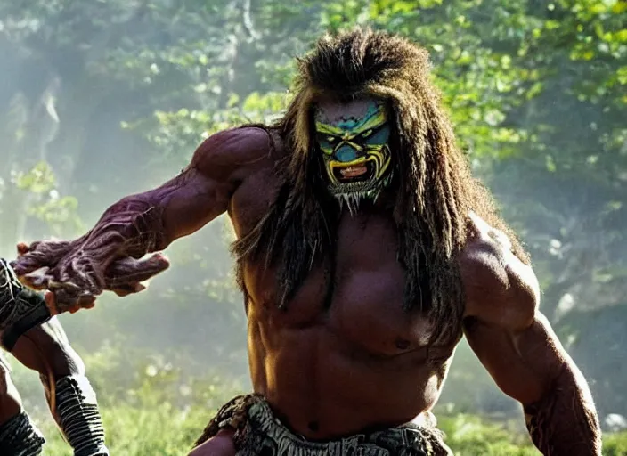 Image similar to the ultimate warrior fighting the predator, movie still, from the new predator movie, 8 k, realistic