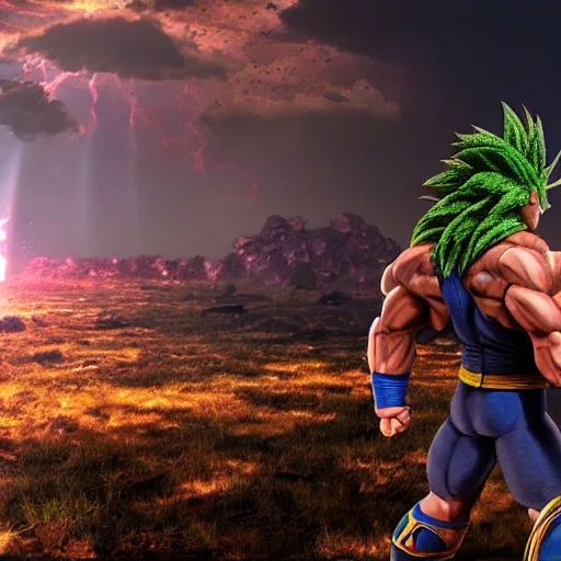 Image similar to full shot of Dwayne Johnson as Supa Saiyajin Broly at moonlight, lightning bolt, apocalyptic background, by Akira Toriyama, high detail, unreal engine 4k, volumetric light