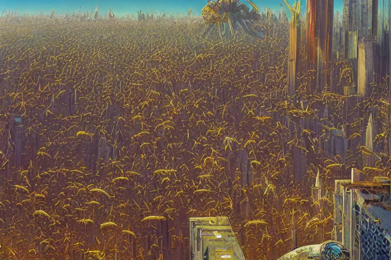 Image similar to oil painting, super - detailed scene of a swarm of insects overtaking a futuristic city, entomology, japanese sci - fi books art, artwork by jean giraud and zdzislaw beksinski and alphonse mucha and hr giger, hd, 4 k, high quality