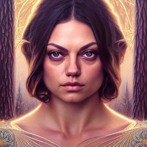 Image similar to symmetry portrait of mila kunis princess, forest background, intricate, elegant, highly detailed, digital painting, artstation, concept art, smooth, sharp focus, illustration, art by artgerm and greg rutkowski and fra angelico and alphons mucha