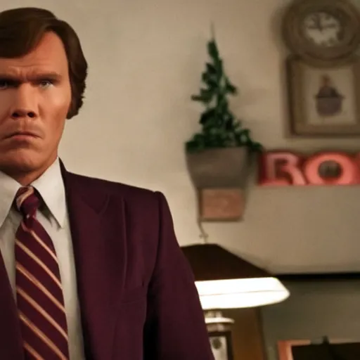 Image similar to Live Action Still of Jerma985 in Anchorman: The Legend of Ron Burgundy, real life, hyperrealistic, ultra realistic, realistic, highly detailed, epic, HD quality, 8k resolution, body and headshot, film still