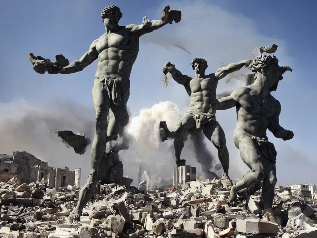 Image similar to giant greek statues attacking a city, ciry destruction ruins, debris flying around, swirls of fire