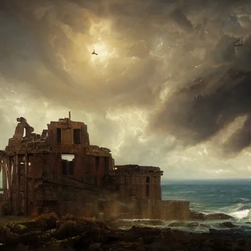 Image similar to Panorama view of a hurricane lifting ruined pieces from an ancient castle into the sky, flying island, oil painting, by Greg Rutkowski