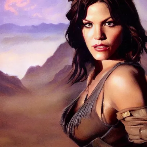 Prompt: ultra realistic portrait painting of katharine mcphee as a western outlaw, art by frank frazetta, 4 k, ultra realistic, highly detailed, epic lighting.