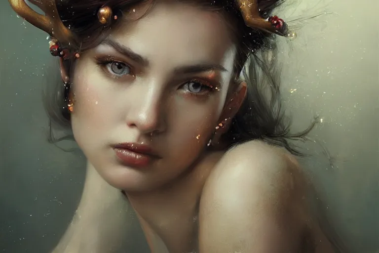 Prompt: expressive oil painting beautiful woman with antlers!, seductive look, smirking, smooth, serious look, dreamy, fantasy, made from beads, glamour shot, by yoshitaka amano, by greg rutkowski, digital art, octane render, artstation, grunge aesthetic