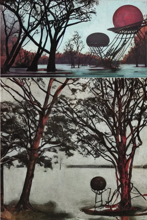 Image similar to spherical tree houses in flooded street ( ( ( ( painting by aaron douglas ) ) ) ) painting by h. r. giger painting by alvar aalto