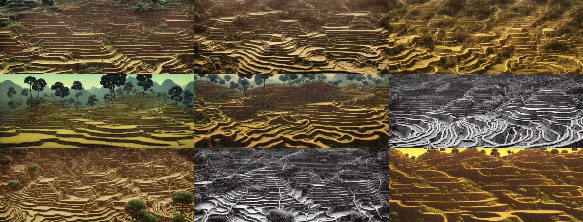 Prompt: dead trees has just sprouted!! terraced fields. chinese village. a gorgeous landscape painting by barlowe wayne maxfield parrish and marco mazzoni. very little snow on the dead tree. china waterwheel. the winding steps. ultra clear detailed. highly detailed, 3 d, octane render.