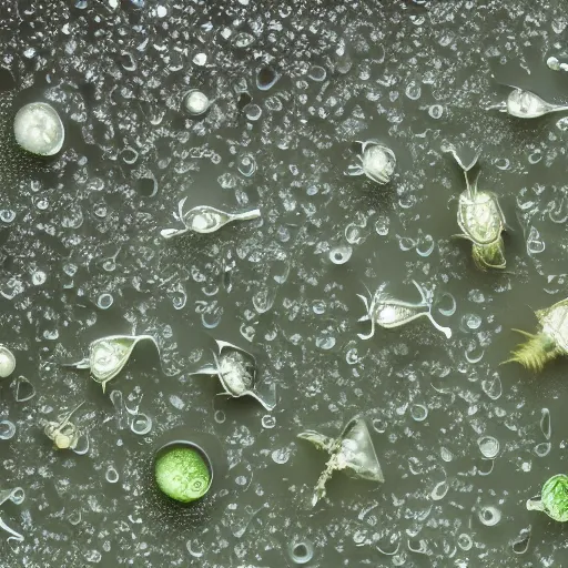 Image similar to macroscopic pond life including green algae, diatoms, dinoflagellates, protozoa, and amoeba. some rotifers. professional macroscopic photography. 8 k. studio lighting.