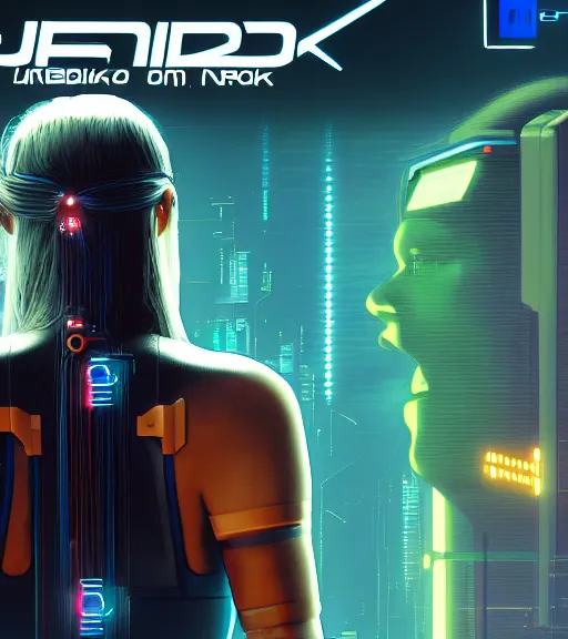 Prompt: cable plugged into cyberdeck, back of head, cyberpunk woman, computer, netrunner, 1 9 7 9 omni magazine cover, style by vincent di fate, cyberpunk 2 0 7 7, 4 k resolution, unreal engine, daz