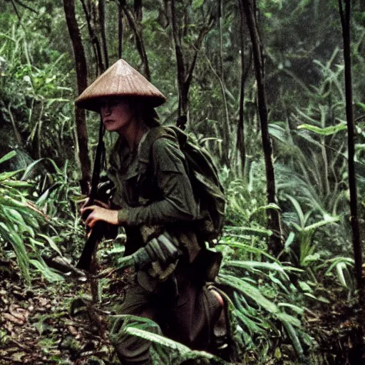 Image similar to film still, close up, emma watson soldier hiking through dense vietnam jungle, mist, film still from apocalypse now ( 1 9 7 9 ), 2 6 mm, kodak ektachrome, blue tint ektachrome film,