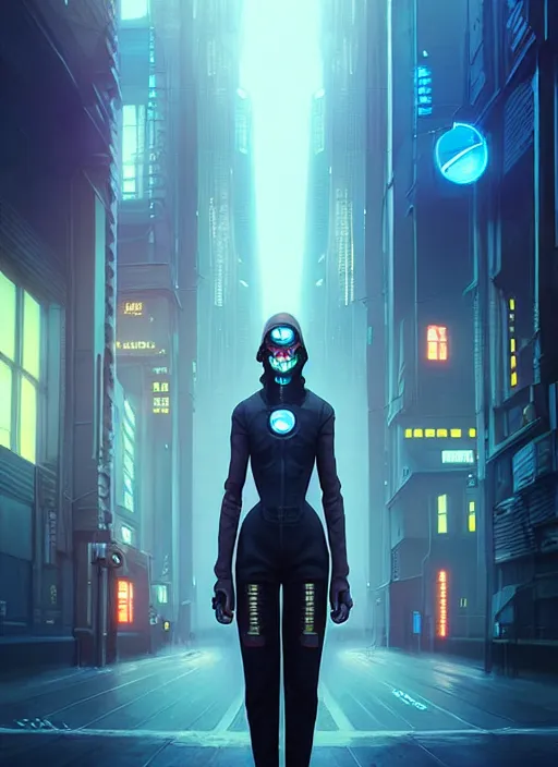 Prompt: a cyberpunk standing on a city street! with a beautiful symmetrical face!!! cinematic lightning, murky dusty deep, smoky eyes, isolated, studio lighting by artgerm yuri shwedoff and tom bagshaw