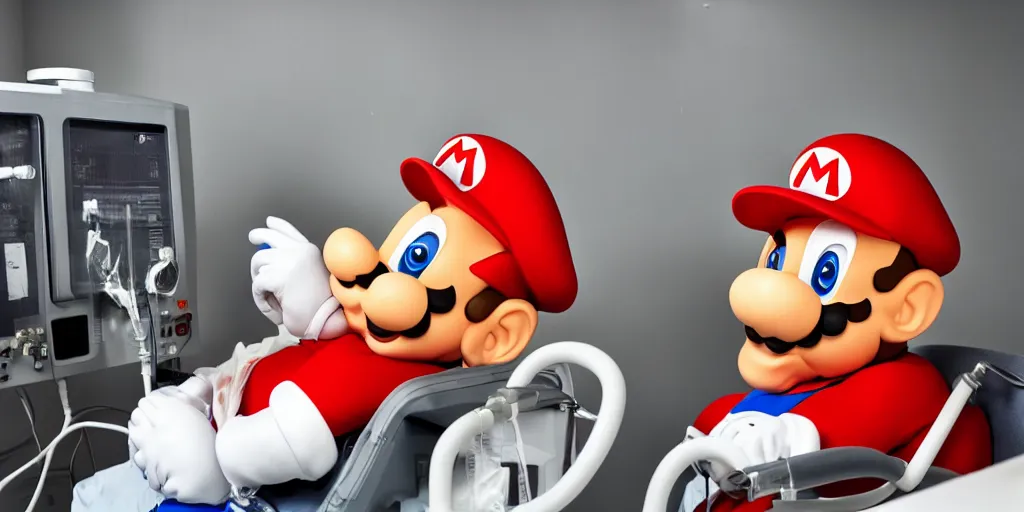 Prompt: anthropomorphic mario as an anesthesiologist, sitting in chair, ventilator machine, photo