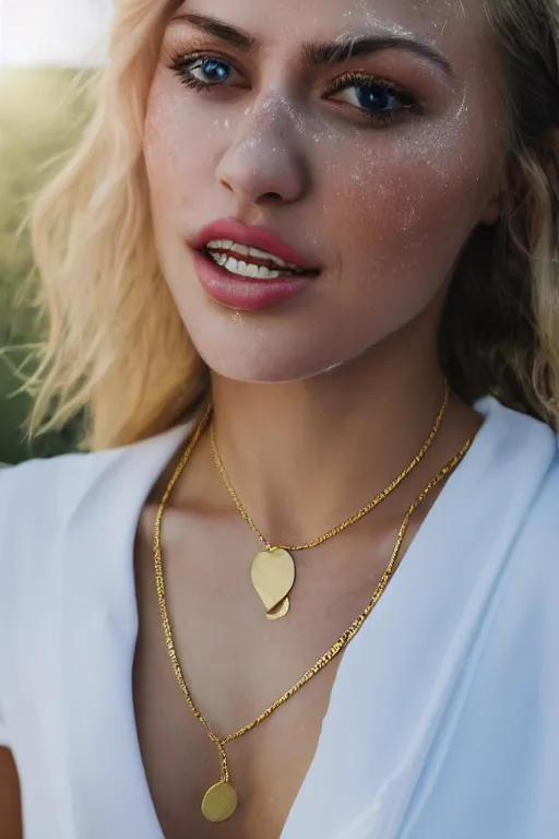 Image similar to 2 4 year old professional blonde female wearing white v - neck top, single gold chain necklace, neck zoomed in, photo realistic, extreme detail skin, light freckles, no filter, slr, golden hour, 4 k, high definition, photograph, selfie