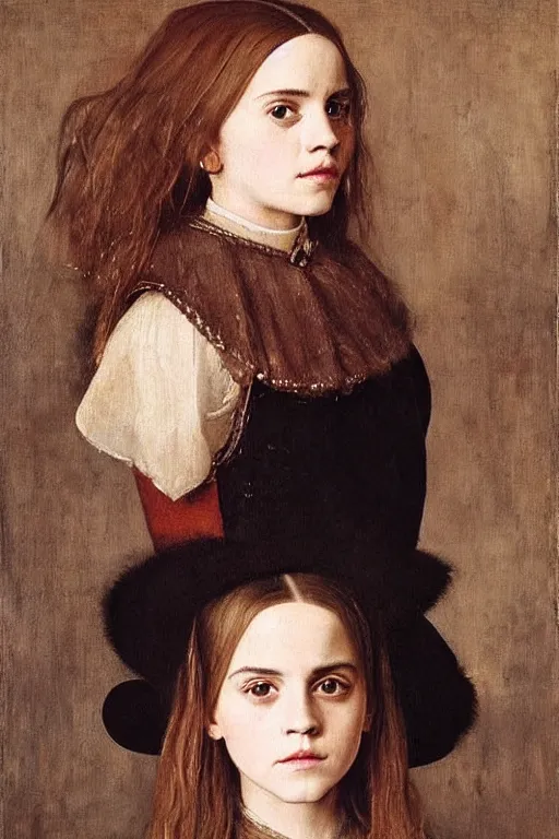 Image similar to stunning adorable portrait of emma watson, oil painting by jan van eyck and diego velazquez, oil on canvas, wet - on - wet technique, realistic, expressive emotions, detailed textures, illusionistic detail