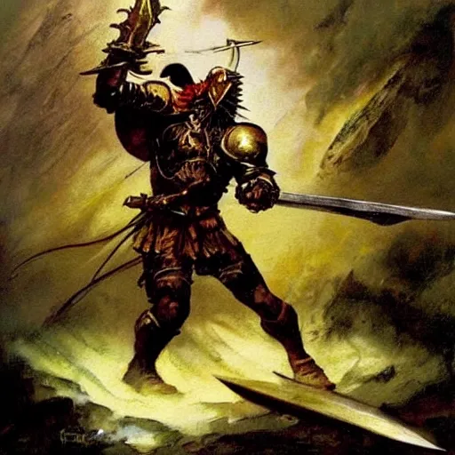 Image similar to fantasy painting by Frank Frazetta portraying a knight in armor,wielding a sword,high quality,beautiful,detailed