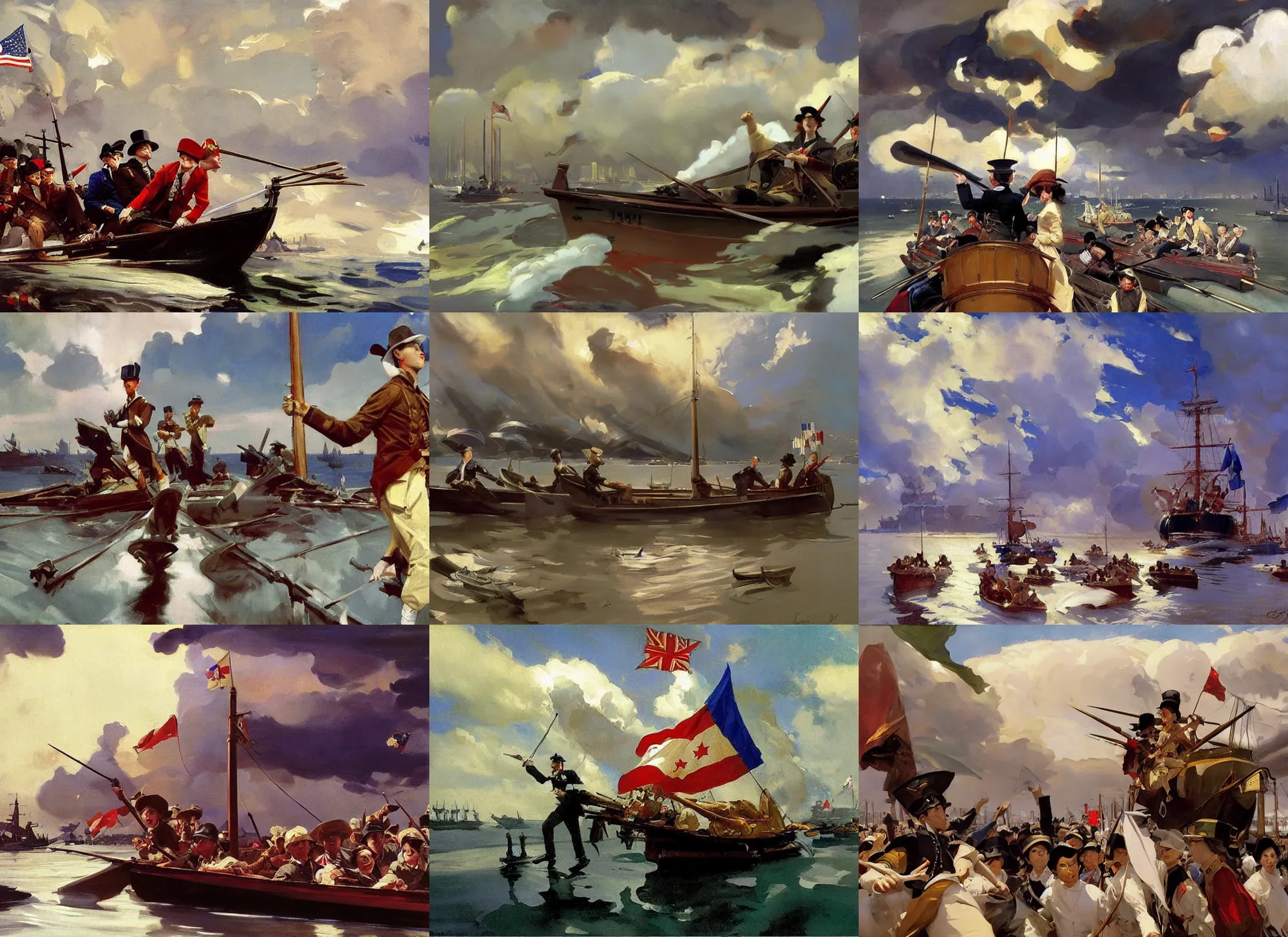 Prompt: painting by sargent and leyendecker and greg hildebrandt savrasov levitan, studio ghibly style mononoke, low thunder clouds hong kong victoria harbour, us independence war, french revolution