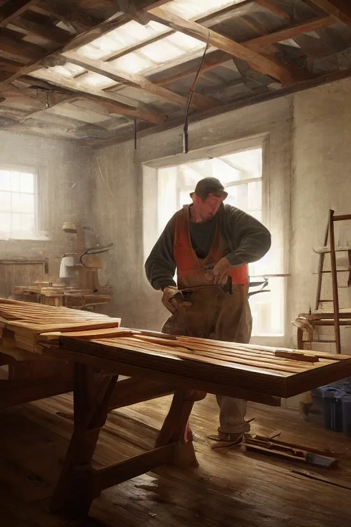 Image similar to simple craftsman fine woodworker building a wooden table in their well lit clean open workshop, thomas lawrence, greg rutkowski