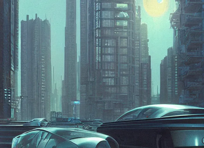 Image similar to a car driving down a street next to tall buildings the night at noon, cyberpunk art by Chesley Bonestell, cgsociety, retrofuturism, matte painting, reimagined by industrial light and magic