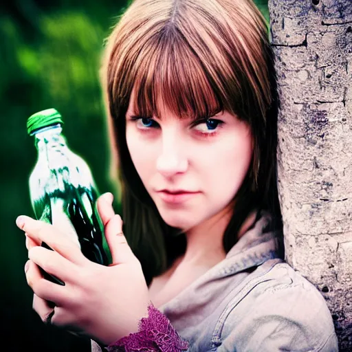 Image similar to lomo photograph, intricate detail, hyper detail, young beautifull woman, very tired, full body potrait holding bottle, hazel green eyes, realistic, highlydetailed, natural, model shoot, masterpiece, sharp focus,