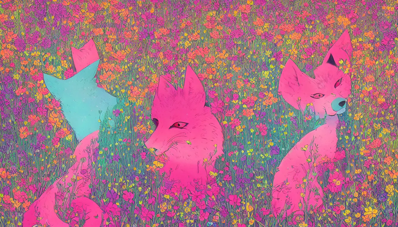 Image similar to pink fox head popping out of a field of multi colored flowers by kilian eng, victo ngai, josan gonzalez