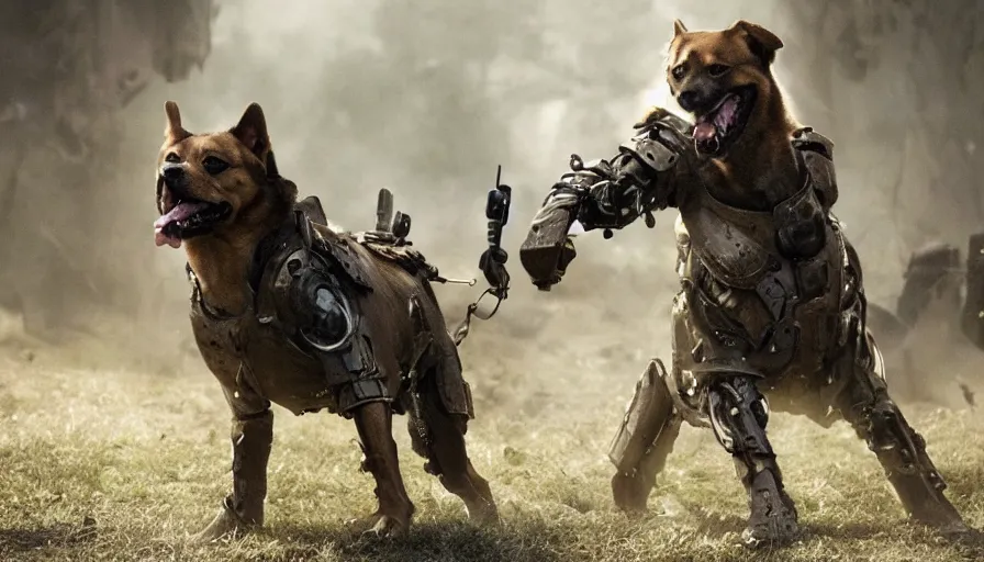 Image similar to a big budget movie about a heroic cyborg dog soldier in an epic battle