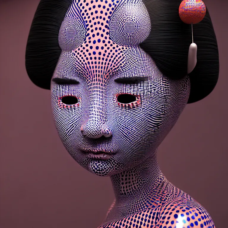 Image similar to hyperrealistic detailed image of a geisha in a art installation room, hd smooth interior by yayoi kusama, part by kei mieno, part by ross tran, dark art by james jean, ultra realistic, highly detailed, life like face, detailed body, 8 k, 3 d render by roger magrini, very cohesive, masterpiece