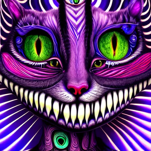 Prompt: An extremely psychedelic portrait of Cheshire cat, Surreal, LSD, face, detailed, intricate, elegant, lithe, highly detailed, digital painting, artstation, concept art, smooth, magical, Occult, astonishingly beautiful, sharp focus, illustration