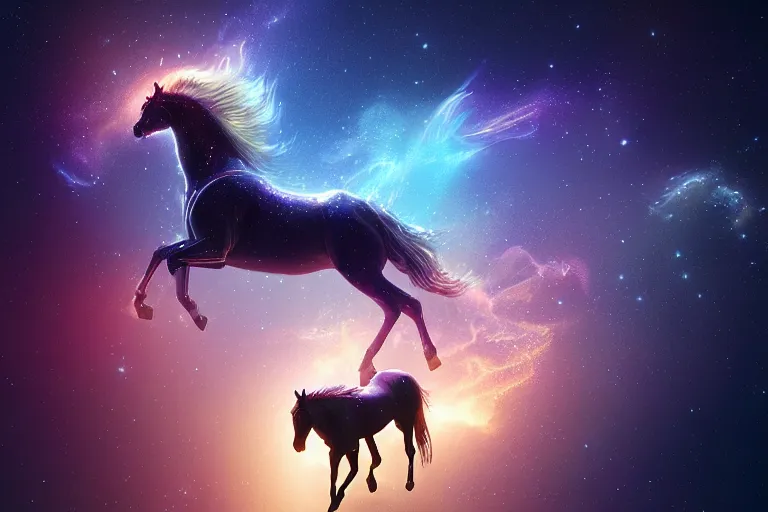 Image similar to a stunning horse made of a illuminated star chart running through a space nebula by greg rutkowski, high key lighting, volumetric light, digital art, highly detailed, fine detail, intricate, ornate, complex, octane render, unreal engine, photorealistic