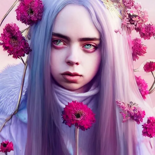 Image similar to billie eilish expressive full body photo, of beautiful angel, smooth glowing skin, ornate headpiece made from pink flowers, glamour shot, by yoshitaka amano, by greg rutkowski, by jeremyg lipkinng, by artgerm, digital art, octane render