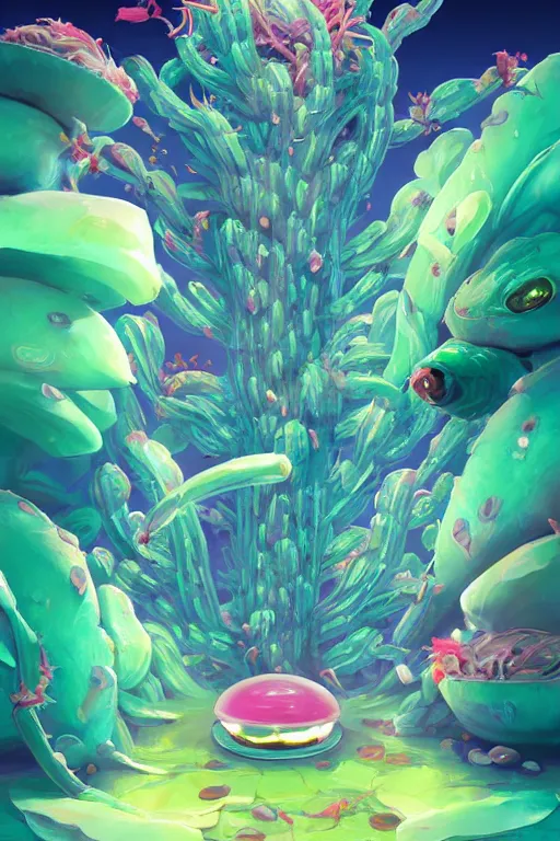 Image similar to roots cactus sushi cristal smurf ghost creature animal sushi cristal very big eye roots cactus elemental flush of force nature micro world fluo fishscale, behance hd by jesper ejsing, by rhads, makoto shinkai and lois van baarle, ilya kuvshinov, rossdraws radiating a glowing aura global illumination ray tracing hdr