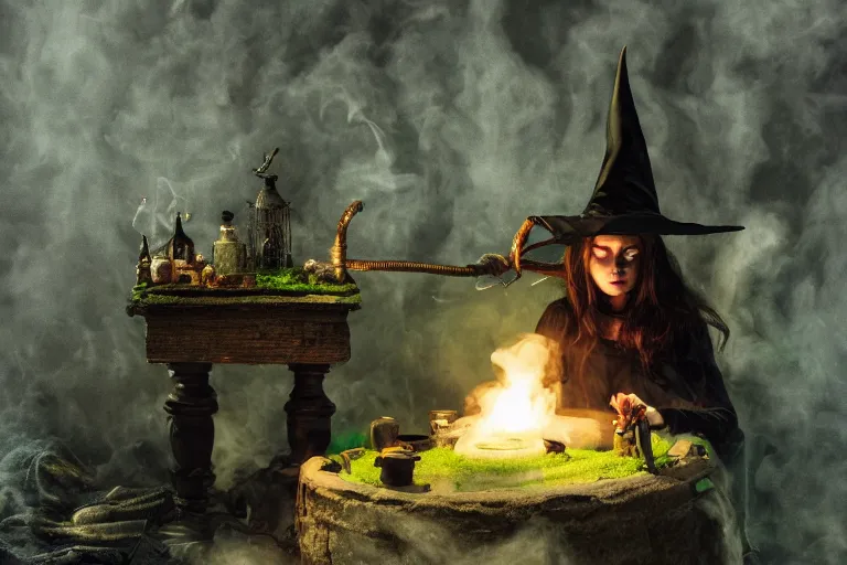 Image similar to close shot of a witch in her lair brewing a magical potion, depressing, gloomy, tired, detailed, witch hat, dungeon, green smoke, fire, smoke, realism, realistic, hyper detailed, green lighting, ambient lighting, green smoke, fog, smoke, cinematic lighting, haze, bokeh, 3D render, Blender, octane render, render, artstation, detailed face, symmetric face,