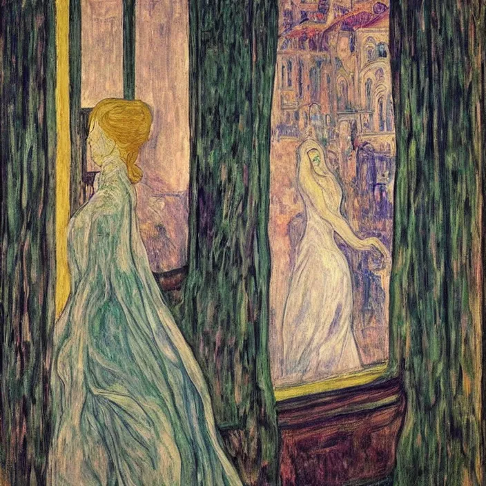 Prompt: woman in transparent vaporous night gown with demonic luminescent white apparition, with city with gothic cathedral seen from a window frame with curtains. nighe, vivid iridescent psychedelic colors, lamps. munch, egon schiele, bosch, bonnard, henri de toulouse - lautrec, utamaro, monet, agnes pelton