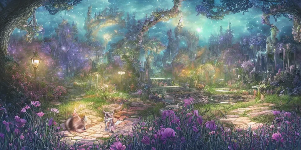 Image similar to final fantasy visual of a cat in a magical fantasy garden at night, moonlight, fireflies glowing, lofi feel, magical, highly detailed, digital art, artstation, smooth, hard focus, illustration, art by artgerm - in the style of final fantasy and studio ghibli