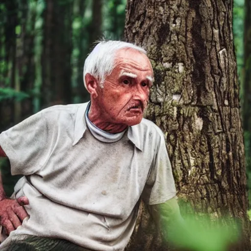 Image similar to an old man looking to sea from forest, animals in forest