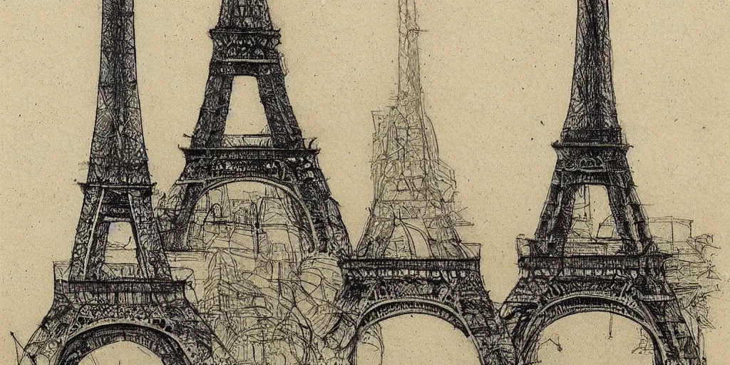 Prompt: architectural design studies of Eiffel Tower, different closeup view, drawn by Leonardo da vinci, ink draw, artistic, intricated