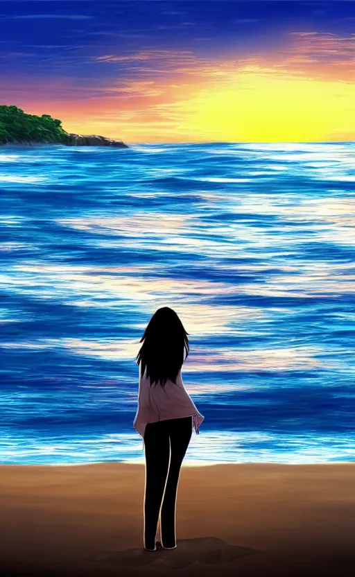 Image similar to woman looking at the sea on the beach during sunset, realistic shaded, highly detailed, anime, realistic