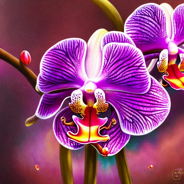 Prompt: extremely psychedelic macro orchid and cherry blossom and musroom, DoF, LSD, raindrops, specular highlights, diffuse lighting, fantasy, intricate, elegant, highly detailed, lifelike, photorealistic, digital painting, artstation, illustration, concept art, smooth, sharp focus, art by John Collier and Albert Aublet and Krenz Cushart and Artem Demura and Alphonse Mucha