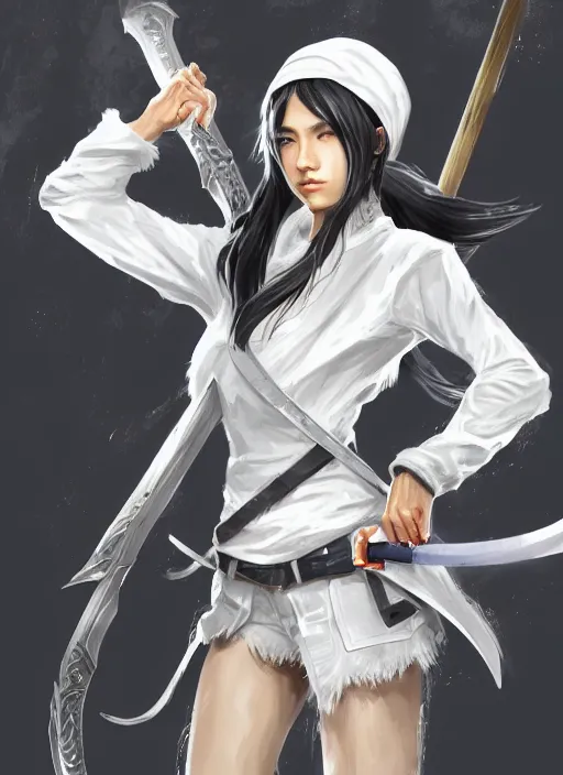 Image similar to a highly detailed illustration of fierce messy ponytail black haired one armed delinquent japanese woman wearing white cap wearing long white jacket, dramatic wielding sword pose, muscular, intricate, elegant, highly detailed, centered, digital painting, artstation, concept art, smooth, sharp focus, league of legends concept art, wlop.