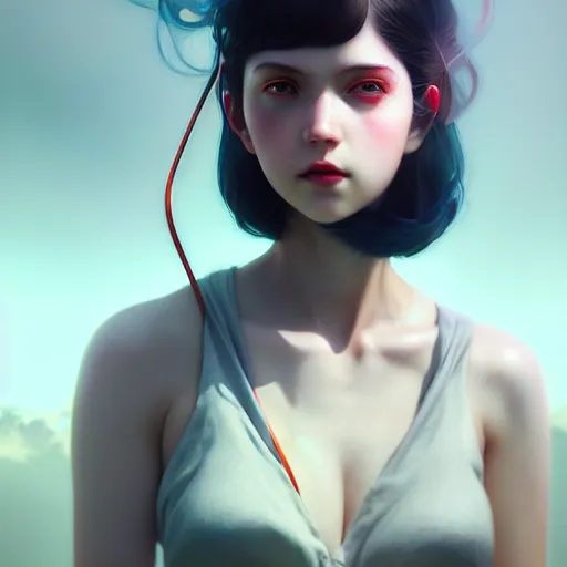 Image similar to girl large power cables going inside head by tom bagshaw and ilya kuvshinov, rtx rendering, octane render 1 2 8 k, maya, extreme high intricate details by wlop, digital anime art by ross tran, medium shot, close up shot, composition by sana takeda, dramatic lighting by greg rutkowski