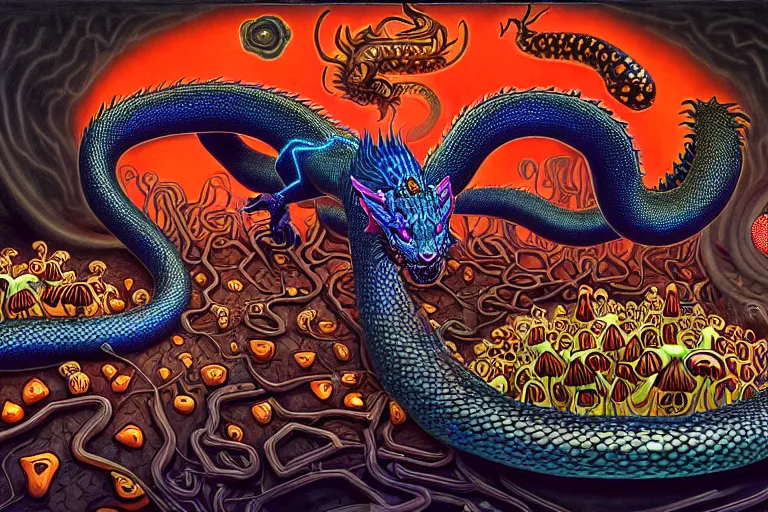 Image similar to a detailed digital art painting of a cyberpunk magick oni dragon with occult futuristic effigy of a beautiful field of mushrooms that is a adorable leopard atomic latent snakes in between ferret biomorphic molecular hallucinations in the style of escher, alex grey, stephen gammell inspired by realism, symbolism, magical realism and dark fantasy, crisp,