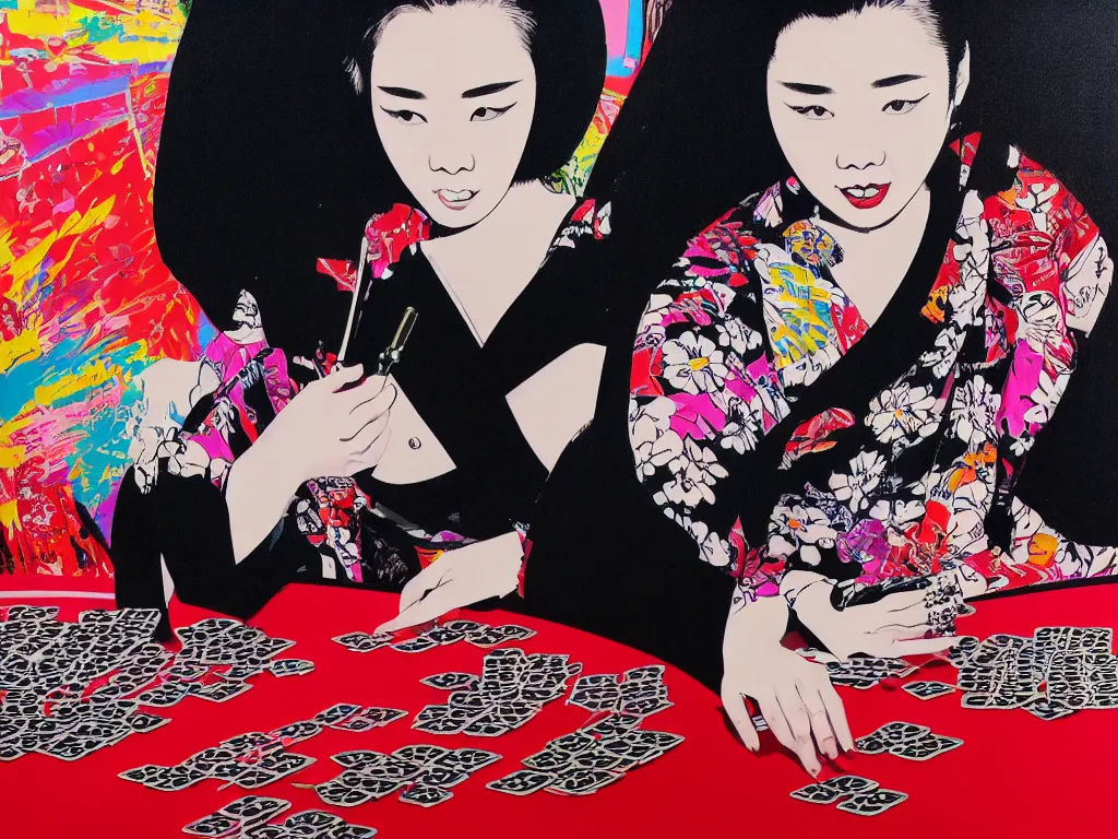 Image similar to hyperrealism composition of the detailed woman in a japanese kimono sitting at an extremely detailed poker table with darth vader, fireworks on the background, pop - art style, jacky tsai style, andy warhol style, acrylic on canvas