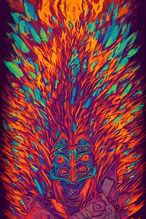 Image similar to totem animal tribal chaman vodoo mask feather gemstone plant wood rock video game illustration vivid color borderlands by josan gonzales and dan mumford radiating a glowing aura