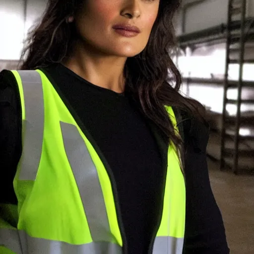 Image similar to photo, close up, salma hayek in a hi vis vest, in warehouse, android cameraphone, unreal engine, 2 6 mm,