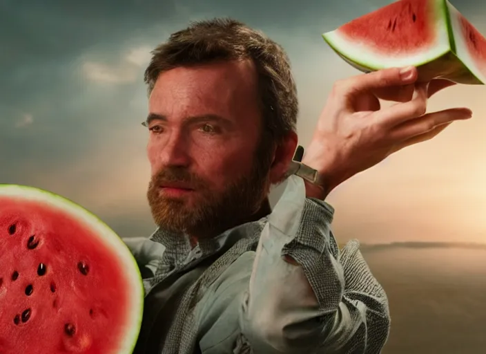 Image similar to film still of a man with a watermelon for a head in the new scifi movie, 4 k