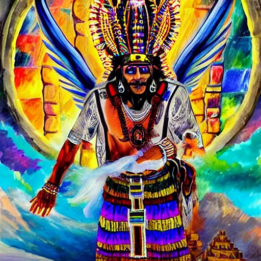 Image similar to DMT Aztec Priest performing a ritual at the top of a Aztec temple. Artwork by Afremov, Leonid