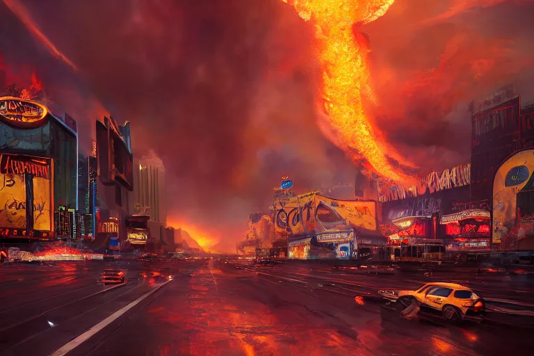 Image similar to a fire tornado going through the las vegas strip, matte painting, long shot, concept art, wide shot, digital art, trending on artstation, 4 k, extremely detailed, realistic, midday, warm colors, golden sunlight, by greg rutkowski, cinematic, epic