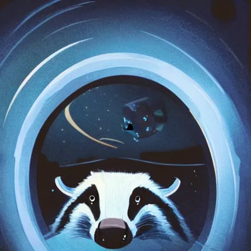 Prompt: a badger looking wistfully out of a spaceship window, sci-fi illustration,